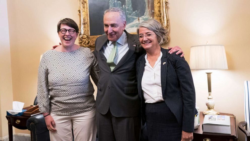 PHOTO: Senate Majority Leader Chuck Schumer, flanked by Paivi Nevala, minister counselor of the Finnish Embassy and Karin Olofsdotter, Sweden's ambassador, welcomes diplomats from Sweden and Finland in Washington, Aug. 3, 2022.