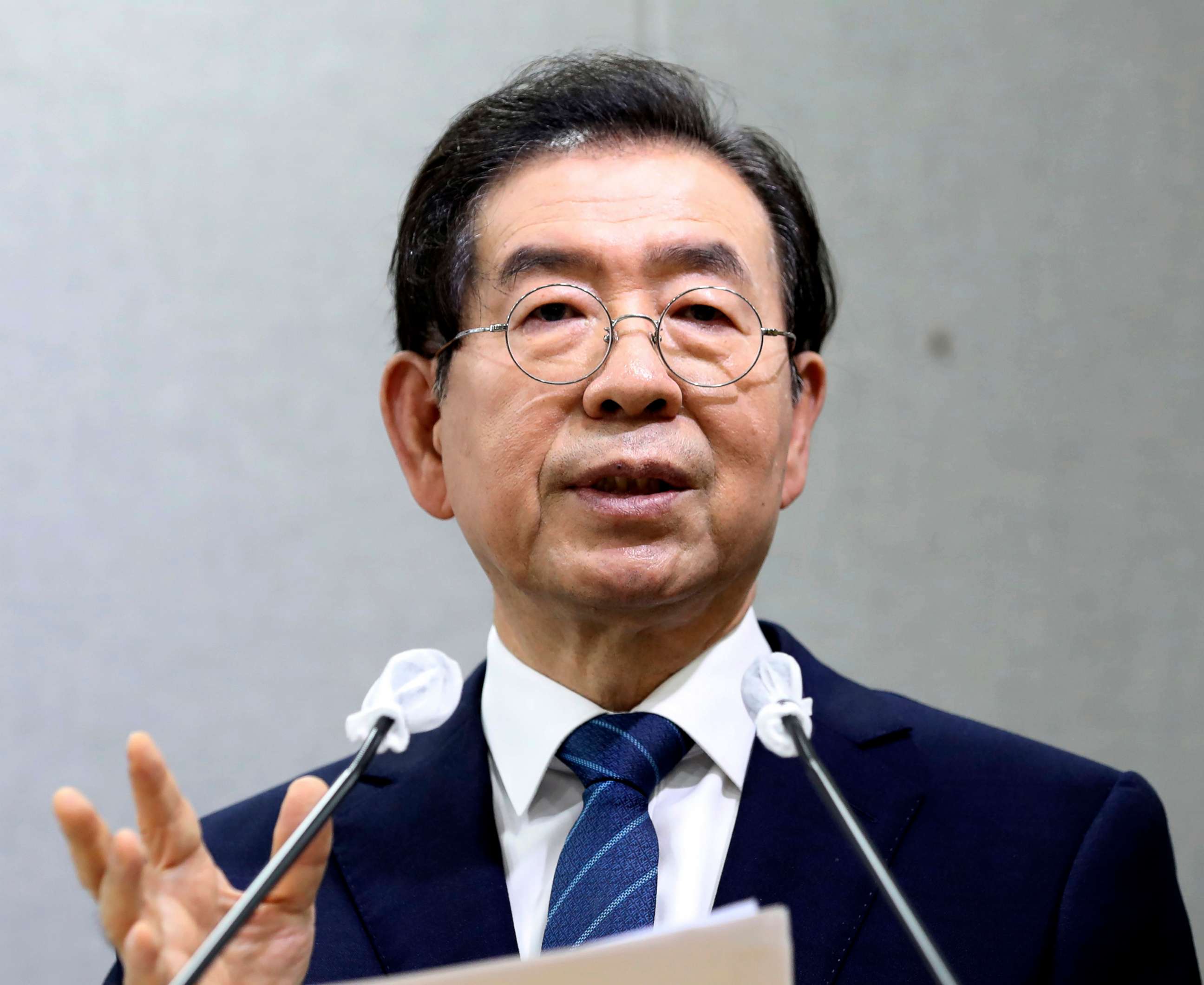 PHOTO: Seoul Mayor Park Won-soon speaks during a press conference at Seoul City Hall in Seoul, July 8, 2020.