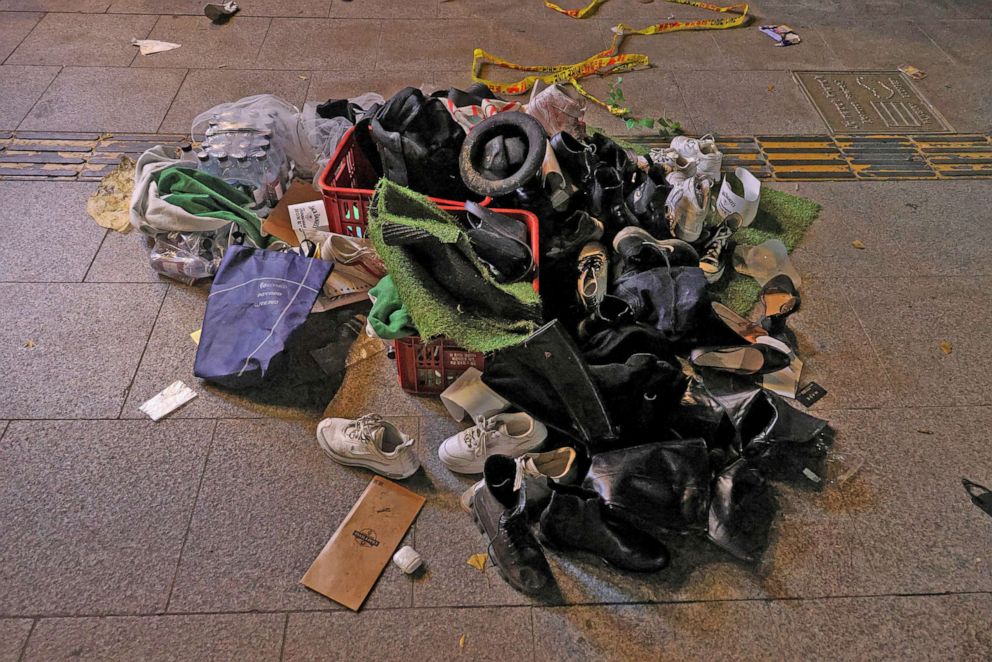 PHOTO: The victims' belongings are seen at the scene where dozens were injured in a stampede during a Halloween festival in Seoul, South Korea.  30, 2022.