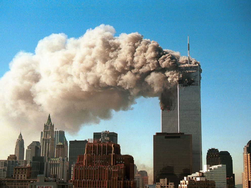 PHOTO: Smoke pours from the twin towers of the World Trade Center after they were hit by two hijacked airliners in a terrorist attack Sept. 11, 2001 in New York.
