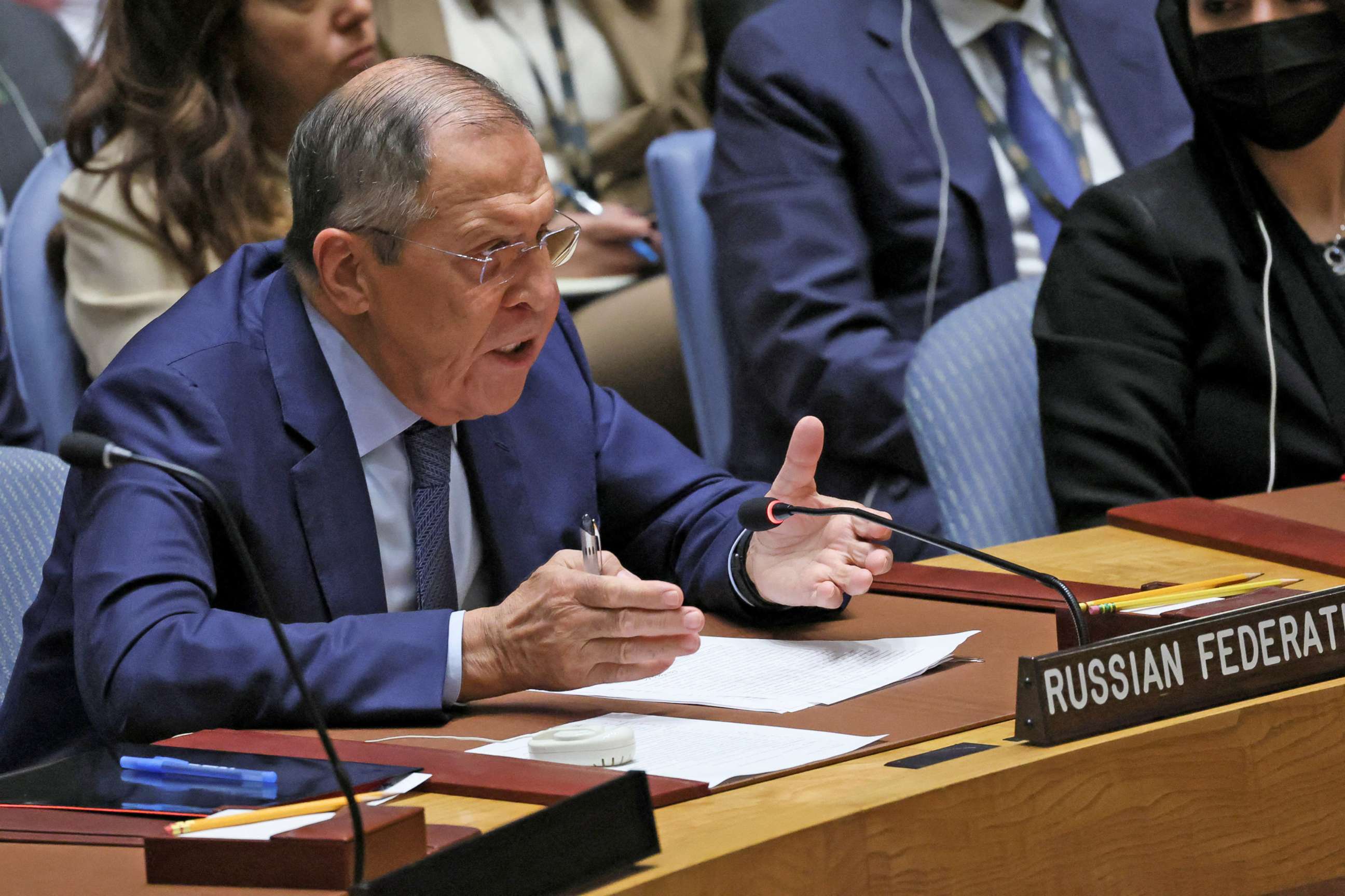 PHOTO: Russia's Foreign Minister Sergei Lavrov speaks during a meeting of the United Nations Security Council on the situation amid Russia's invasion of Ukraine, at the 77th Session of the United Nations General Assembly in New York, Sept. 22, 2022.