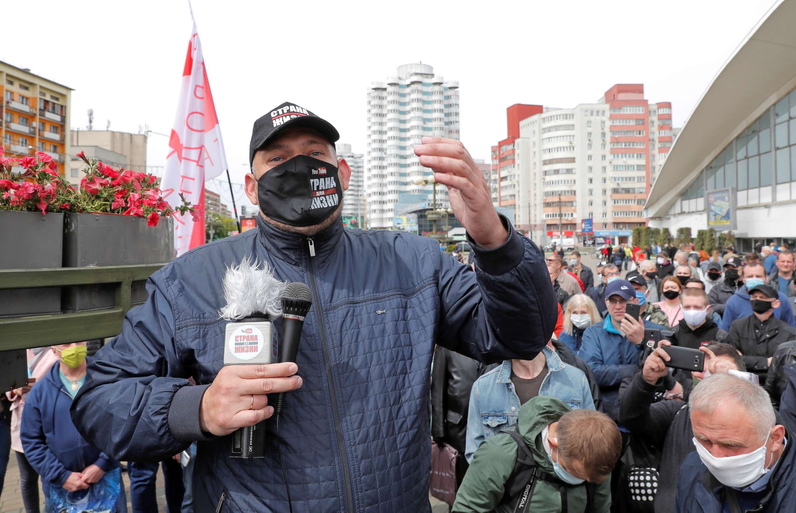PHOTO: Blogger Sergei Tikhanovsky speaks during an opposition rally before the upcoming presidential elections in Minsk, Belarus, May 24, 2020. 