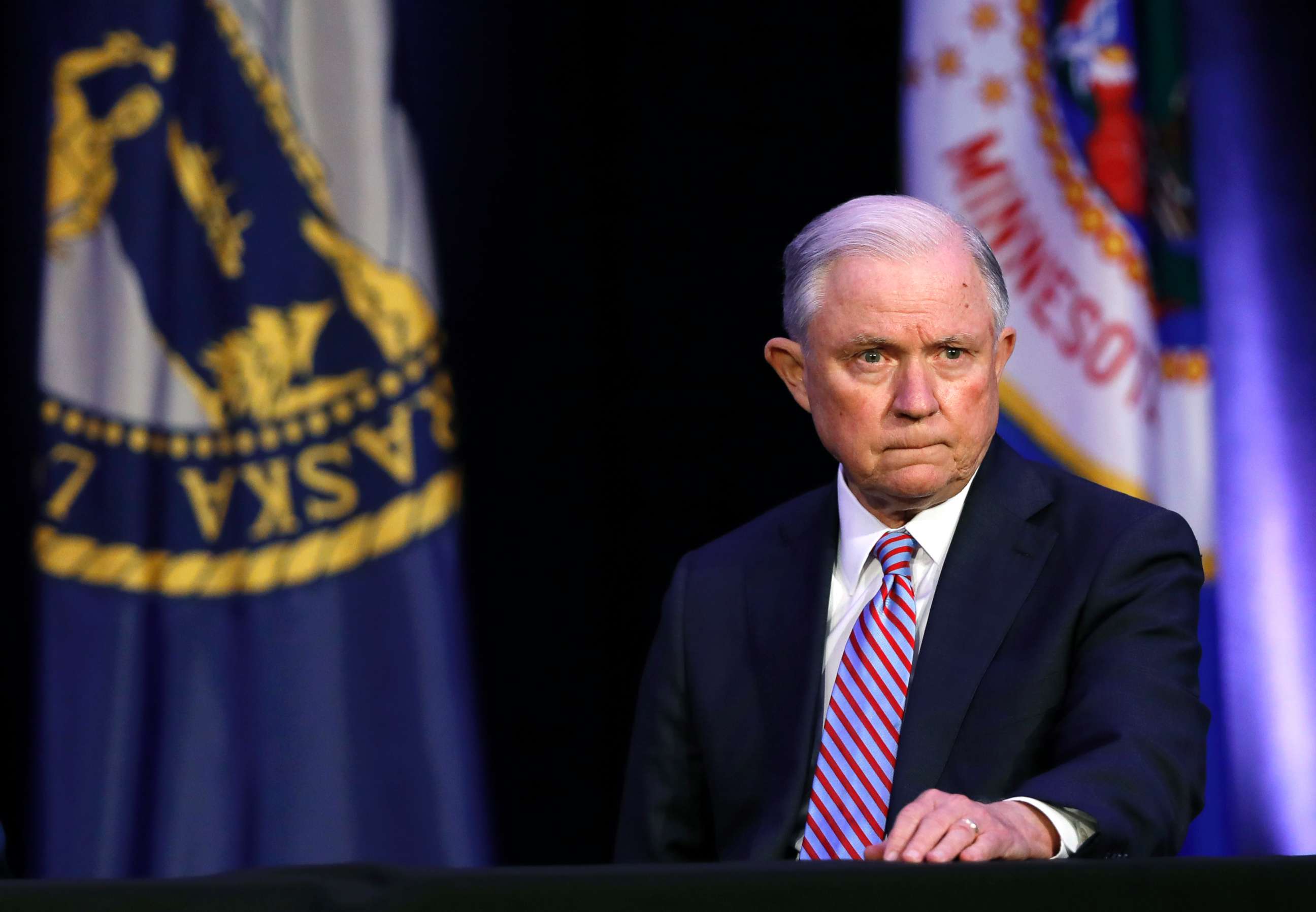 PHOTO: Attorney General Jeff Sessions waits to speak at the Eighth Judicial District Conference, Aug. 17, 2018, in Des Moines, Iowa.