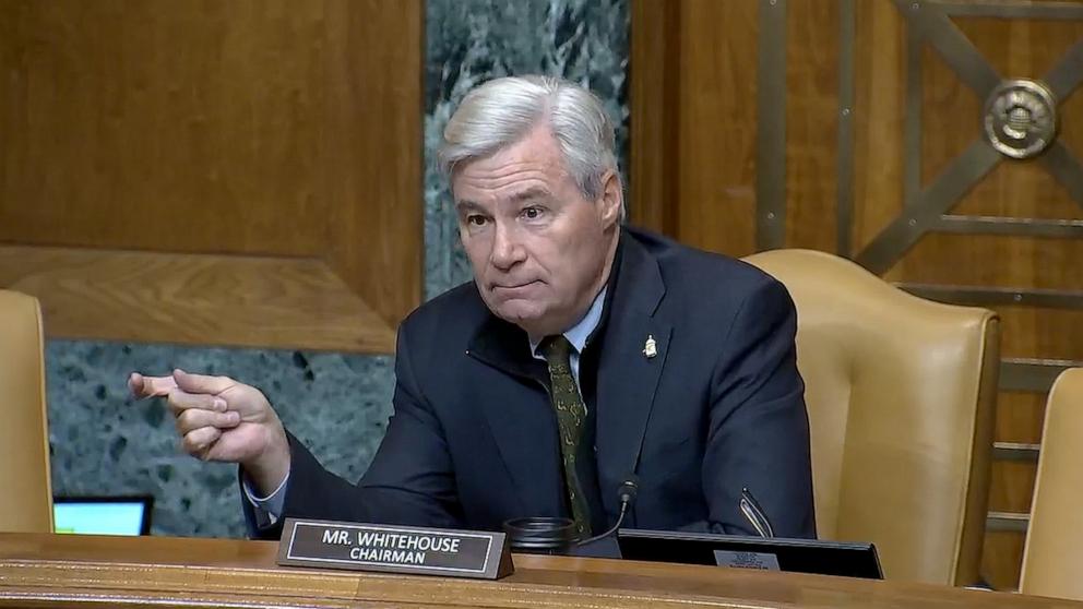 PHOTO: Sen. Sheldon Whitehouse, Chairman of the Committee on the Budget, speaks at a hearing on "Next to Fall: The Climate-Driven Insurance Crisis is Here – And Getting Worse" in Washington, D.C., Dec. 18, 2024.