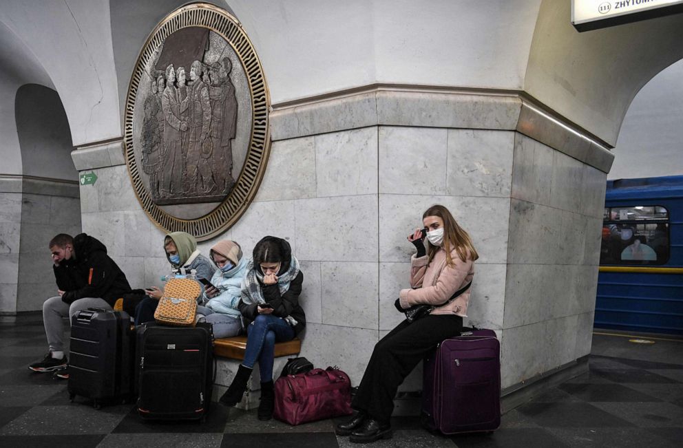 PHOTO: People take shelter in a metro station in Kyiv in the morning of Feb. 24, 2022.