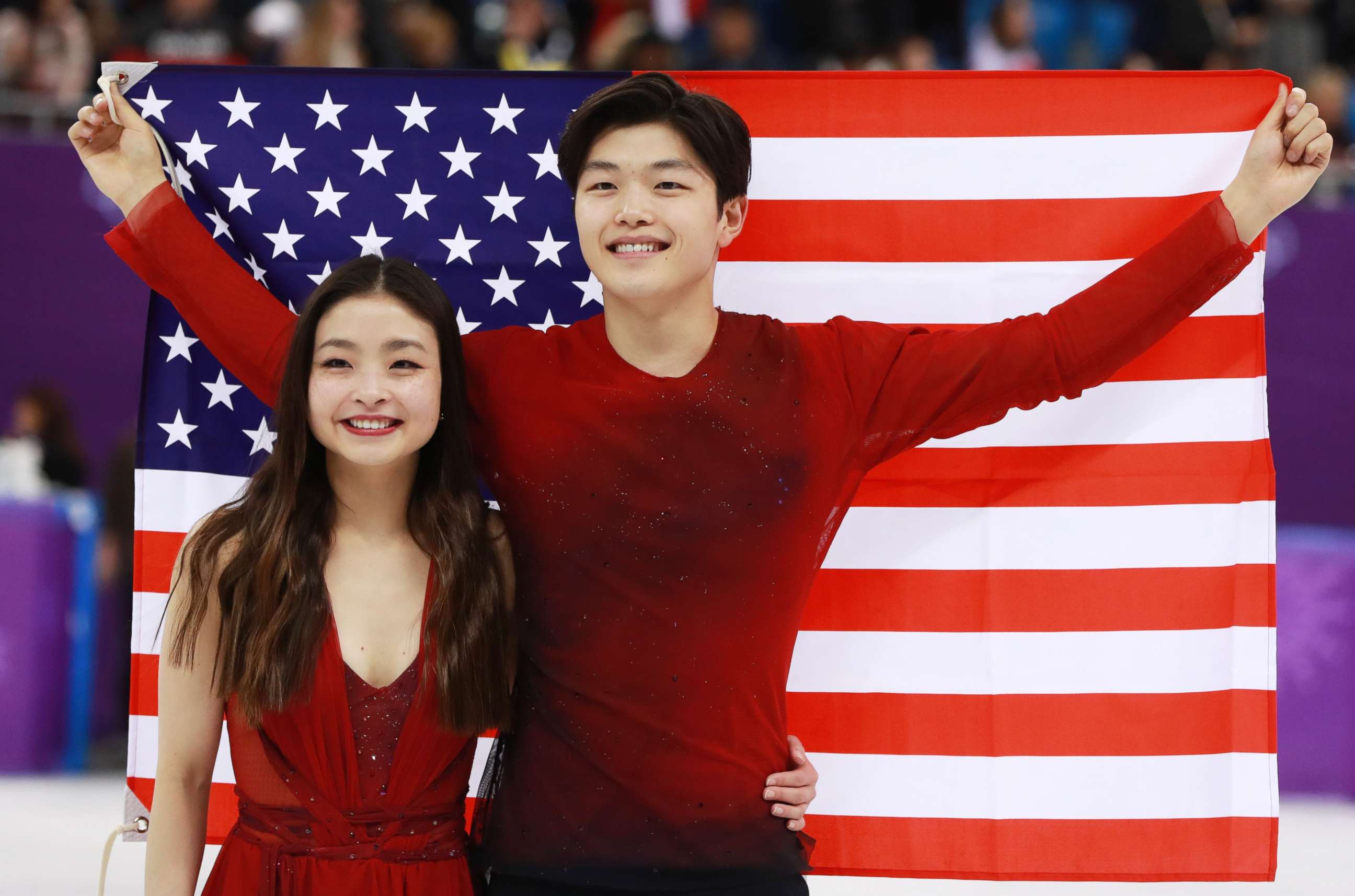 PHOTO: Americans Maia Shibutani and Alex Shibutani celebrate after winning bronze in the ice dance competition of the figure skating competition at the Gangneung Ice Arena during the PyeongChang 2018 Olympic Games, South Korea, Feb. 20, 2018.
