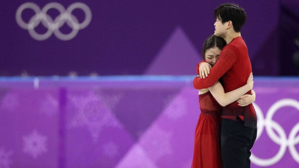 Figure Skaters Maia Shibutani and Alex Shibutani react after their performance at the Pyeongchang 2018 Winter Olympics, Feb. 20, 2018, Gangneung, South Korea.