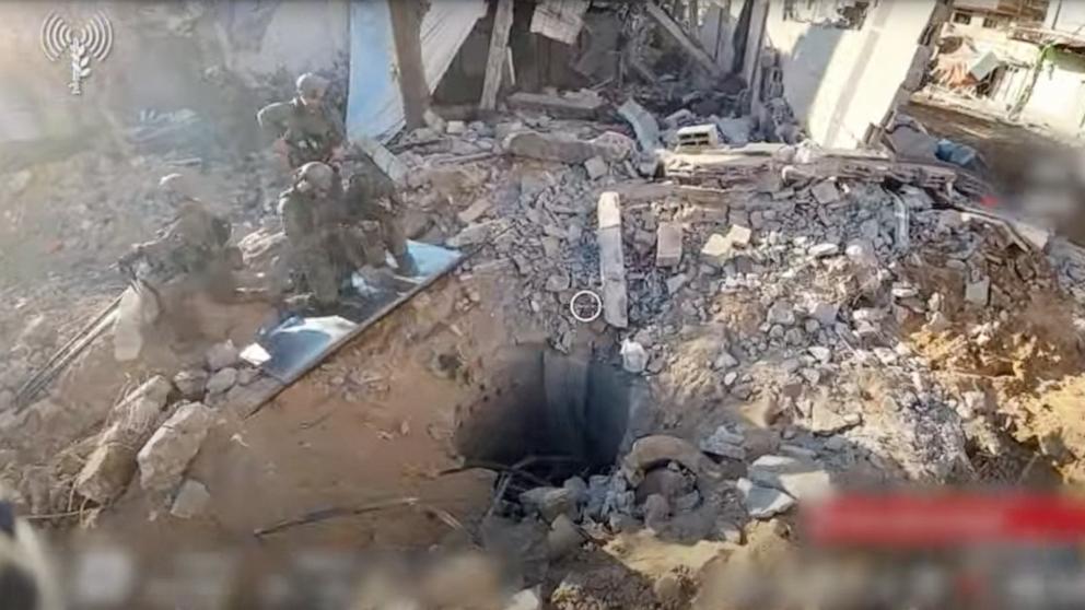 PHOTO: An opening to a tunnel that, according to Israel's military, was used by Palestinian militants under Al Shifa hospital in the Gaza Strip as seen in this screen grab taken from a handout video released by the Israel Defense Forces on Nov. 19, 2023.