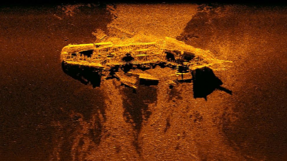 PHOTO: This undated handout sonar image released by the Australian Transport Safety Bureau on May 3, 2018, shows a ship wreckage on the ocean bed.