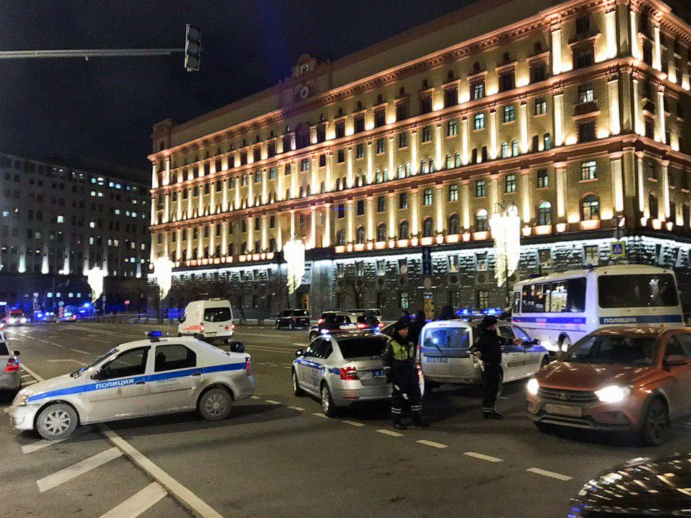 PHOTO: Law enforcement officers by a shooting site outside the headquarters of the Russian Federal Security Service in Lubyanskaya Square in central Moscow; an unidentified man opened fire with a Kalashnikov assault rifle.