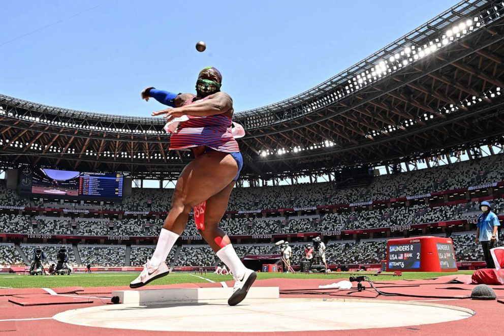 PHOTO: USA's Raven Saunders competes in the women's shot put final during the Tokyo 2020 Olympic Games at the Olympic Stadium in Tokyo on Aug. 1, 2021.