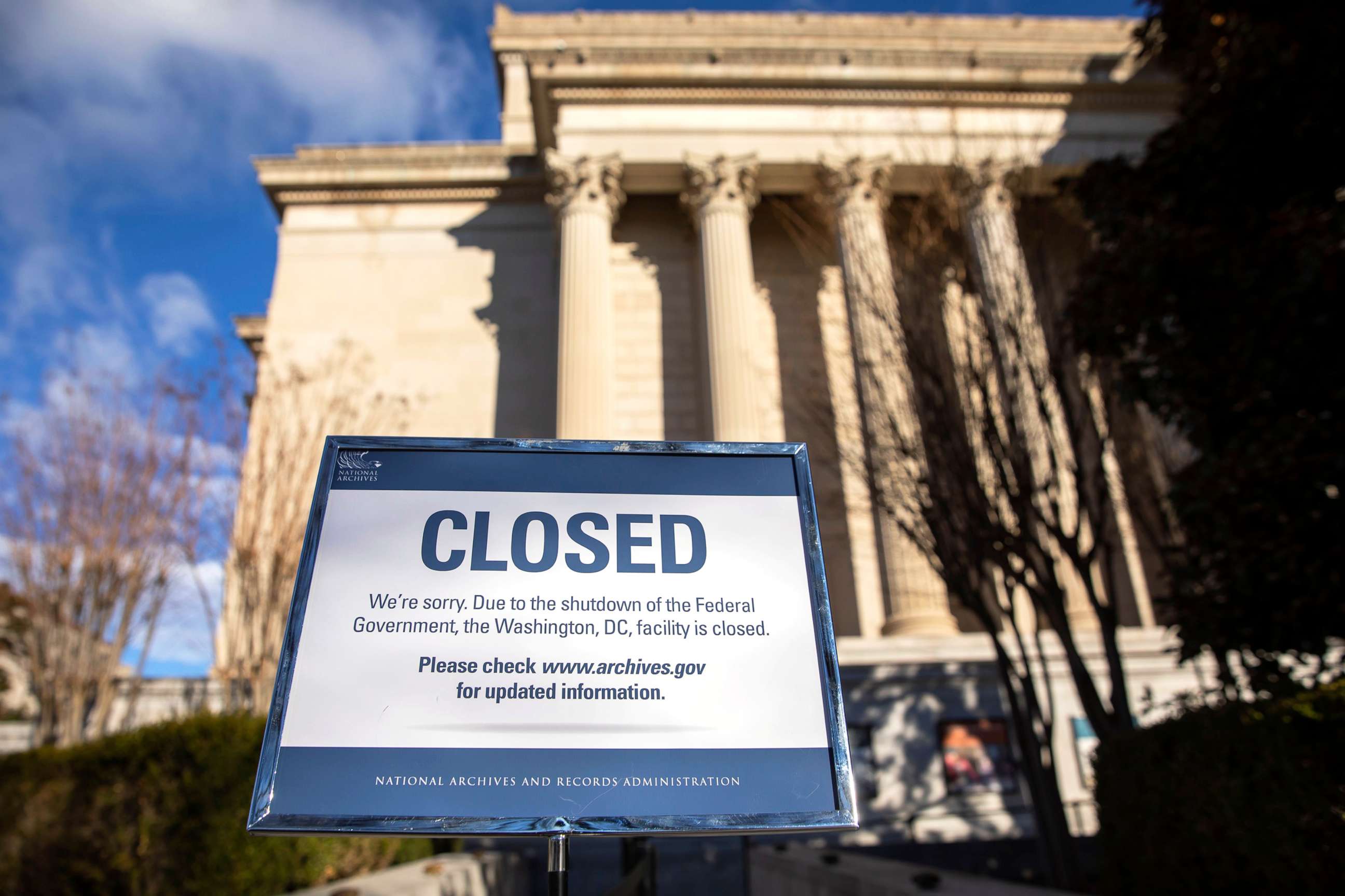 PHOTO: A sign announces the closure of the National Archives building in Washington, D.C., Dec. 22, 2018. 