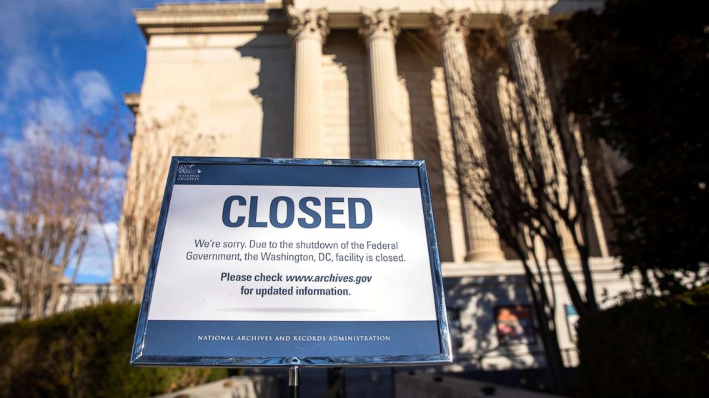 PHOTO: A sign announces the closure of the National Archives building in Washington, D.C., Dec. 22, 2018. 