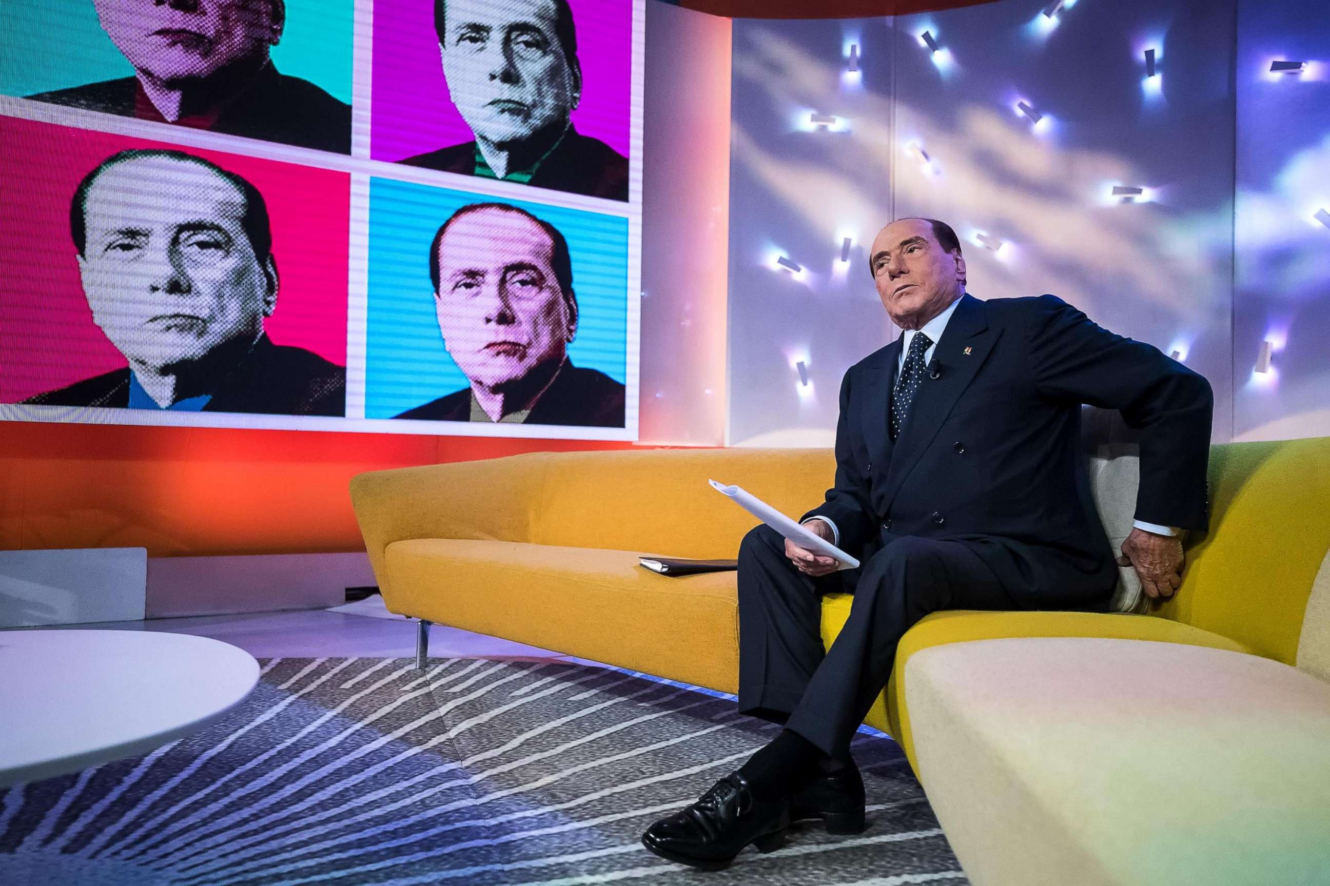 PHOTO: Former Italian Prime Minister Silvio Berlusconi appears on the "Tagada" television program in Rome, Feb. 15, 2018.