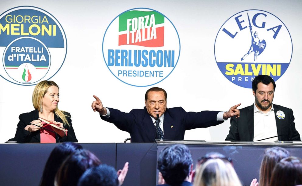 PHOTO: Giorgia Meloni, Silvio Berlusconi and Matteo Salvini, give a joint press conference at the Tempio di Adriano in Rome, on March 1, 2018.