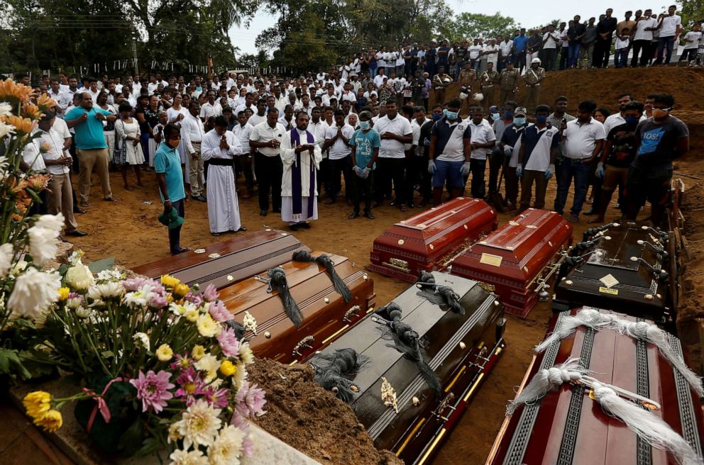 PHOTO: People participate in a mass funeral for seven victims belonging to one family, in Negombo, three days after a string of suicide bomb attacks on churches and luxury hotels across the island on Easter Sunday, in Sri Lanka April 24, 2019.