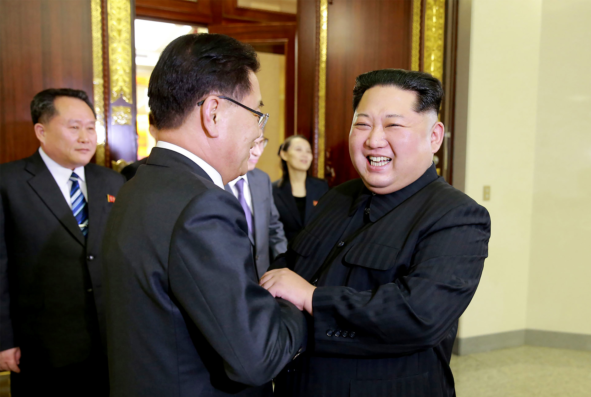 PHOTO: South Korean chief delegator Chung Eui-yong shakes hands with North Korean leader Kim Jong-Un, March 5, 2018 during their meeting in Pyongyang, North Korea.