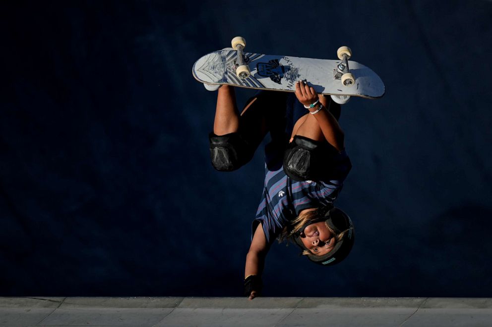 PHOTO: Sky Brown of Britain takes part in a late afternoon women's park skateboarding practice session at the 2020 Summer Olympics, Tuesday, Aug. 3, 2021, in Tokyo, Japan.