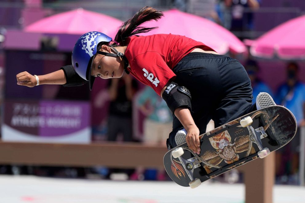 PHOTO: Sakura Yosozumi of Japan competes in the women's park skateboarding finals at the 2020 Summer Olympics, Aug. 4, 2021, in Tokyo, Japan.