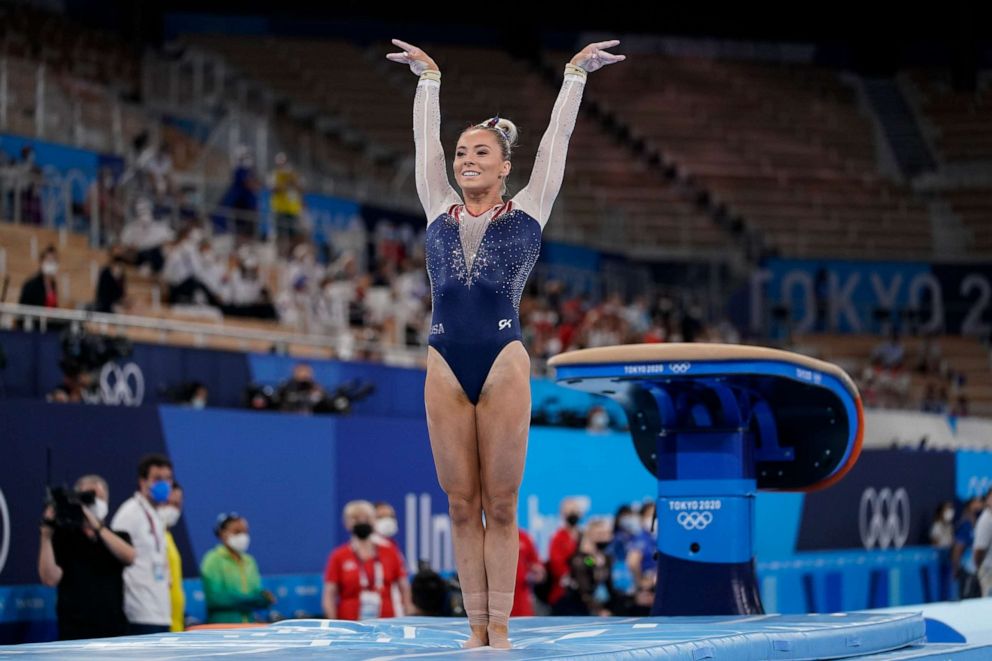 PHOTO: Mykayla Skinner of the United States, performs on the vault during the artistic gymnastics women's apparatus final at the 2020 Summer Olympics, Sunday, Aug. 1, 2021, in Tokyo, Japan.