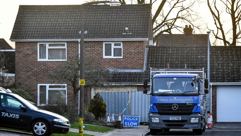 A truck carrying scaffolding is parked outside the home of former Russian spy Sergei Skripal in Salisbury, England, Jan. 8, 2019.