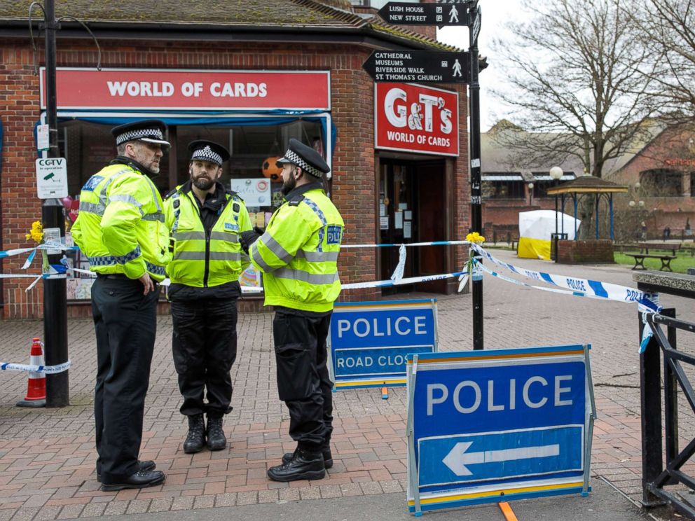 PHOTO: Police officers stand by the cordon as a forensics tent remains over a bench at the scene connected to the Sergei Skripal nerve agent attack as investigations continue into the poisoning of Sergei Skripal, March 13, 2018, in Salisbury, England.