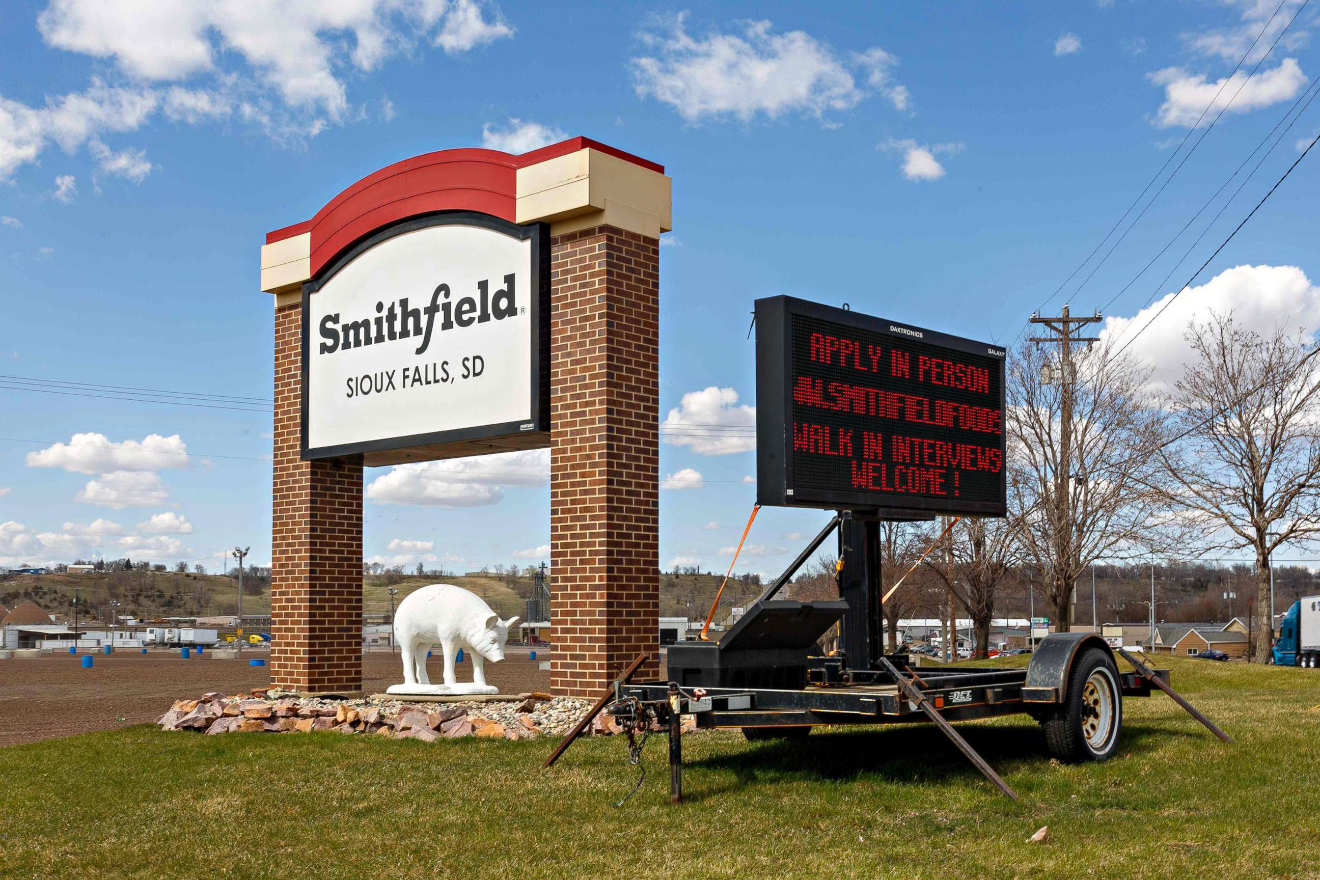 PHOTO: A sign outside the Smithfield Foods pork processing plant in South Dakota, one of the country's largest known coronavirus clusters, is seen, on April 21, 2020, in Sioux Falls, South Dakota.