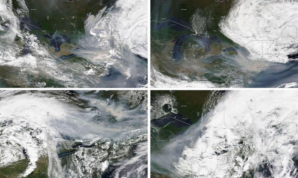 PHOTO: These satellite images from June 6, from top left, June 7, June 25 and June 27, 2023, show the wind movement of smoke from wildfires in Quebec, canada