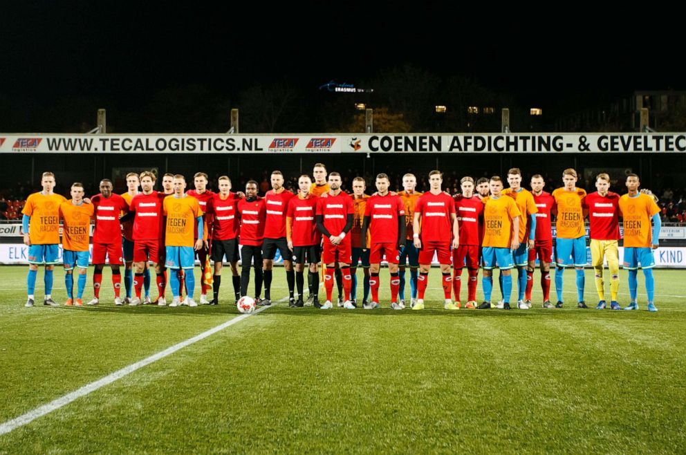 PHOTO: Players of Excelsior and FC Volendam in no to racism shirts during the Dutch Keuken Kampioen Divisie match between sbv Excelsior Rotterdam v FC Volendam at Van Donge & De Roo stadium on November 22, 2019 in Rotterdam, The Netherlands.