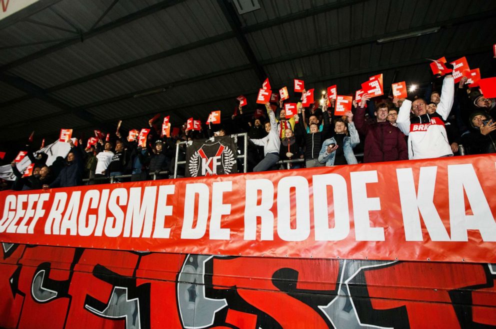PHOTO: Excelsior Rotterdam fans display red cards against racism during the Dutch First Division football match between Excelsior Rotterdam and FC Volendam on November 22, 2019 in Rotterdam, The Netherlands.