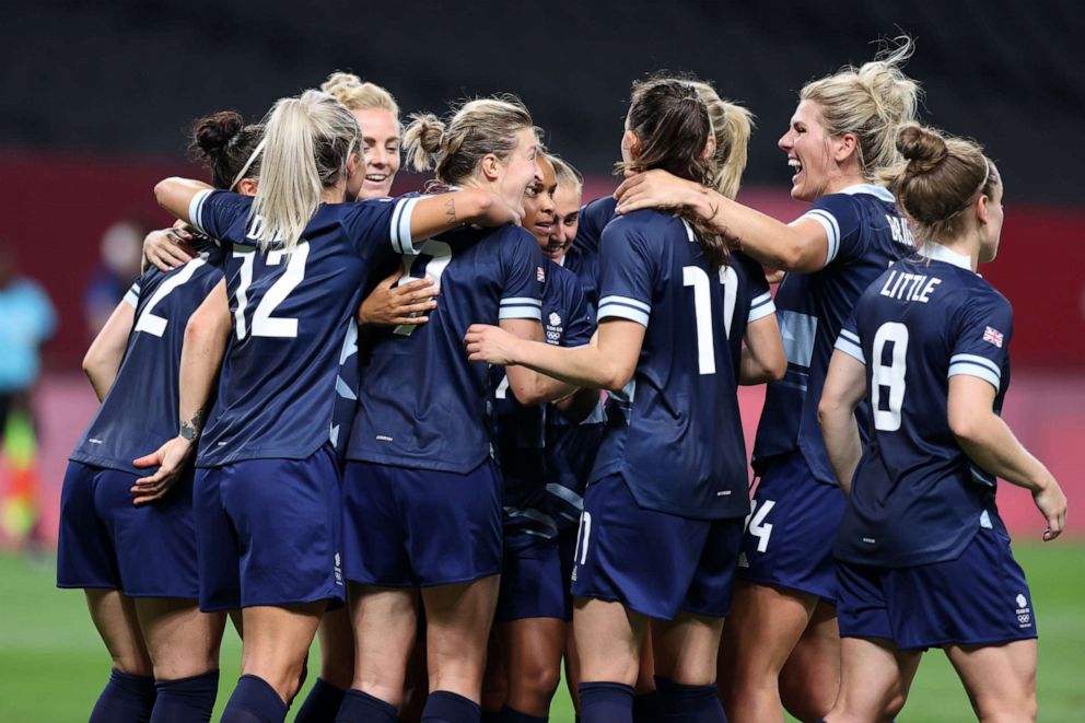 PHOTO: Ellen White of Team Great Britain celebrates with teammates after scoring their side's second goal during the Women's First Round Group E match between Great Britain and Chile during the Tokyo 2020 Olympic Games at Sapporo Dome on July 21, 2021.
