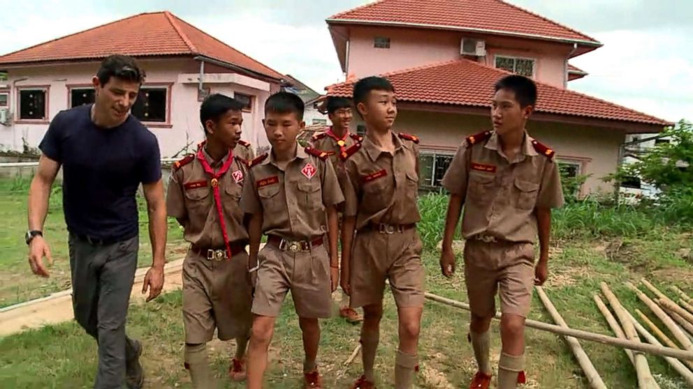 PHOTO: ABC News' Matt Gutman speaks with the other members of the Wild Boars soccer team in Chiang Rai province, Thailand, July 6, 2018.