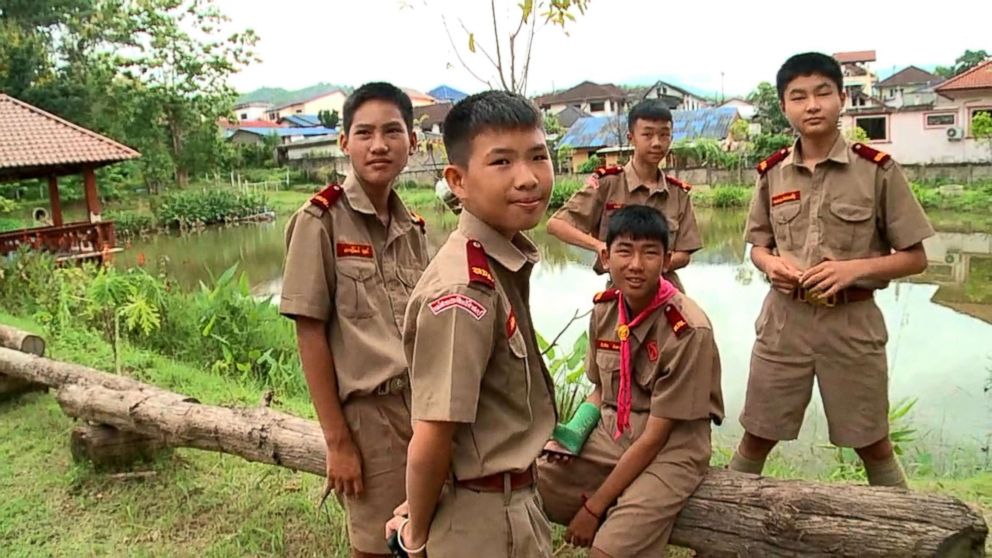 PHOTO: ABC News' Matt Gutman speaks with the other members of the Wild Boars soccer team in Chiang Rai province, Thailand, July 6, 2018.