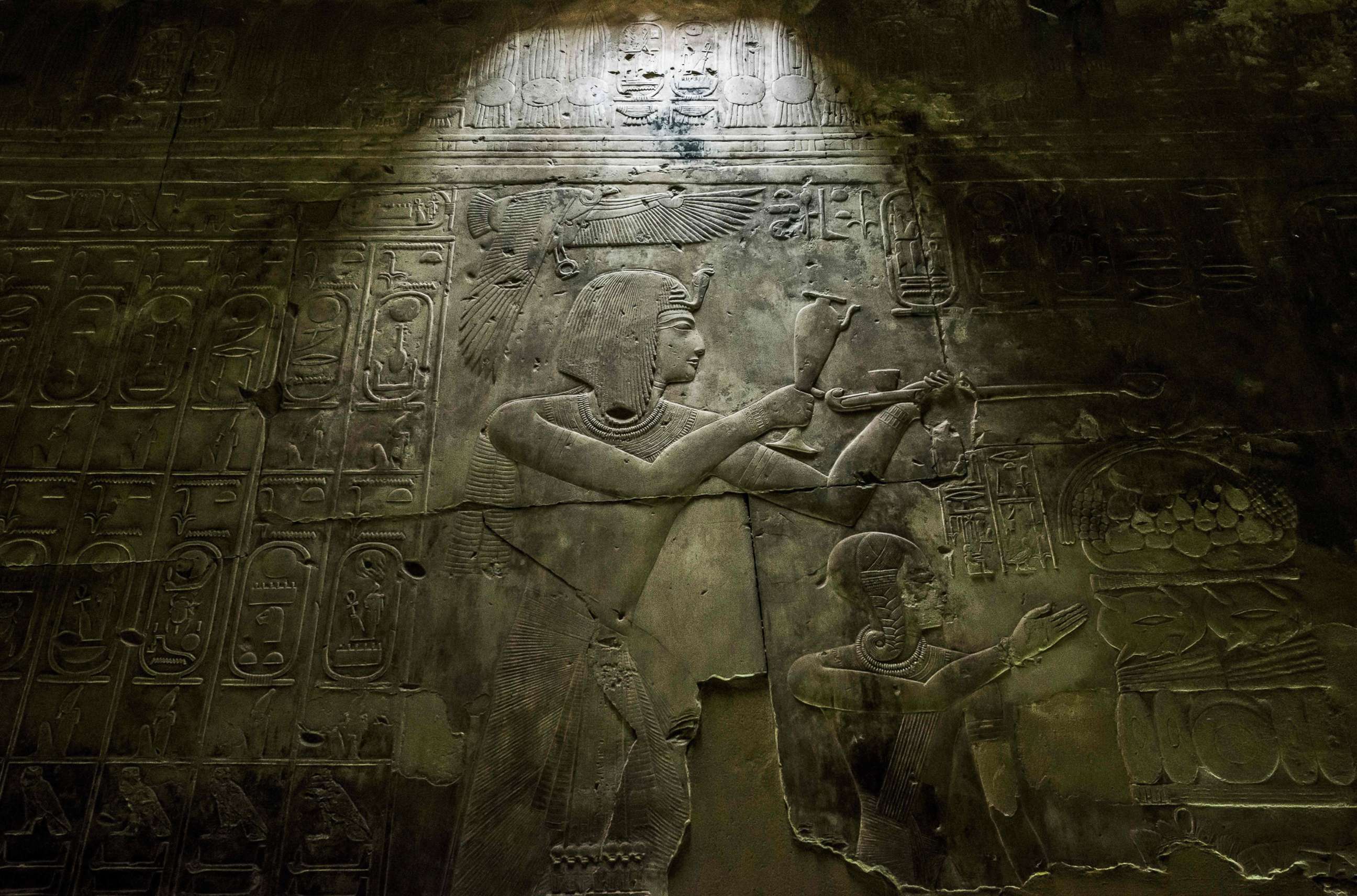 PHOTO: This picture taken on April 5, 2019 shows a view of hieroglyphic inscriptions and relief on a wall of the the New Kingdom period (16th-11th centuries BC) Temple of Seti I, at the archaeological site of Abydos near Egypt's southern city of Sohag.
