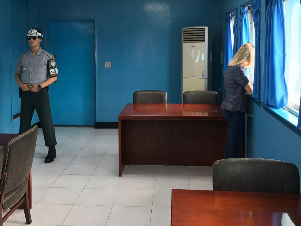 PHOTO: Standing on North Korea's side of the Joint Security Area, ABC Chief Global Affairs Correspondent Martha Raddatz peers out the window into the reclusive country.
