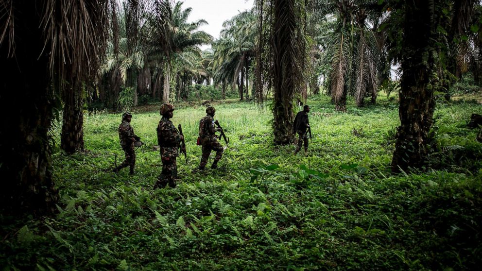 PHOTO: This Nov. 13, 2018, file photo, shows Tanzanian soldiers from the United Nations Organization Stabilization Mission in the Democratic Republic of the Congo (MONUSCO) patroling against Ugandan Allied Democratic Force (ADF) rebels in Beni.