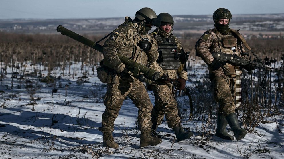 PHOTO: Ukrainian soldiers walk around the frontline near Soledar, Donetsk region, Ukraine, on Jan. 11, 2023.