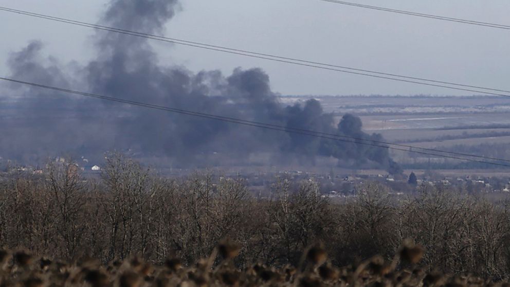 PHOTO: Smoke billows during fighting between Ukrainian and Russian forces in Soledar, Donetsk region, Ukraine, Jan. 11, 2023.