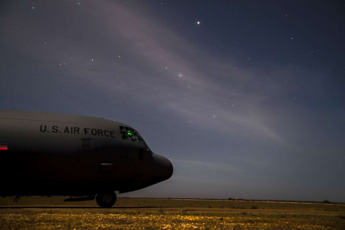 PHOTO: The front of a C-130J Super Hercules, assigned to the 75th Expeditionary Airlift Squadron (EAS), is parked as it delivers supplies to U.S. forces in Somalia, Sept. 12, 2019. 