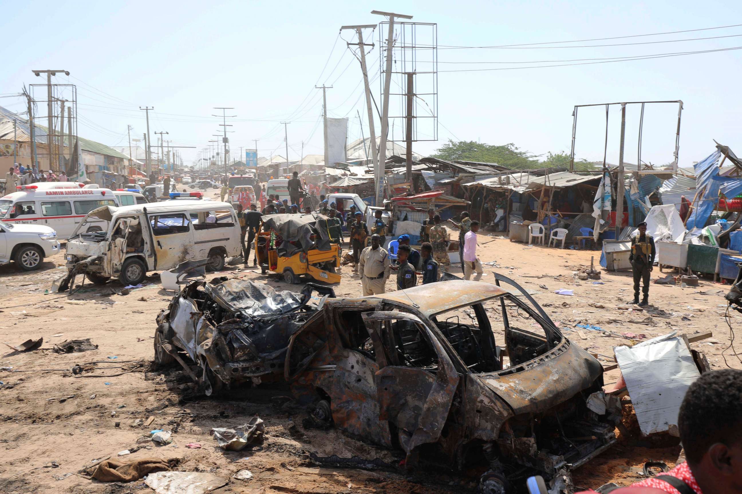 PHOTO: A general view shows the scene of a car bomb explosion at a checkpoint in Mogadishu, Somalia, Dec. 28, 2019. 