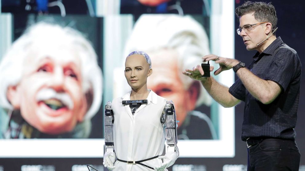 PHOTO: David Hanson, founder and CEO of Hanson Robotics,  introduces the process of creating Robot Sophia, an ultra-realistic female humanoid robot, during the 2016 Global Mobile Internet Conference on April 29, 2016, in Beijing.