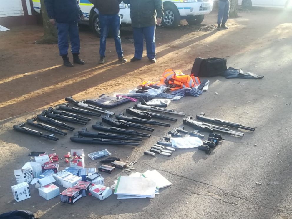 PHOTO: Weapons seized by South African police in connection with a hostage situation and shooting at International Pentecostal Holiness Church, northwest of Pretoria, July 11, 2020.