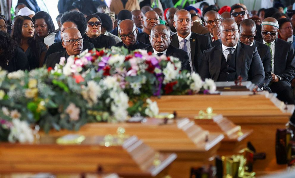 PHOTO: South African President Cyril Ramaphosa looks on as he joins mourners gathered in the coastal city of East London, South Africa, July 6, 2022.