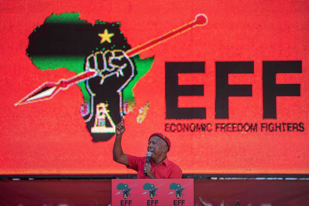 PHOTO: South African far-left and opposition party Economic Freedom Fighters (EFF) leader Julius Malema addresses the crowd during the final EFF presidential election campaign rally at the Orlando Stadium in Soweto, Johannesburg, May 5, 2019.