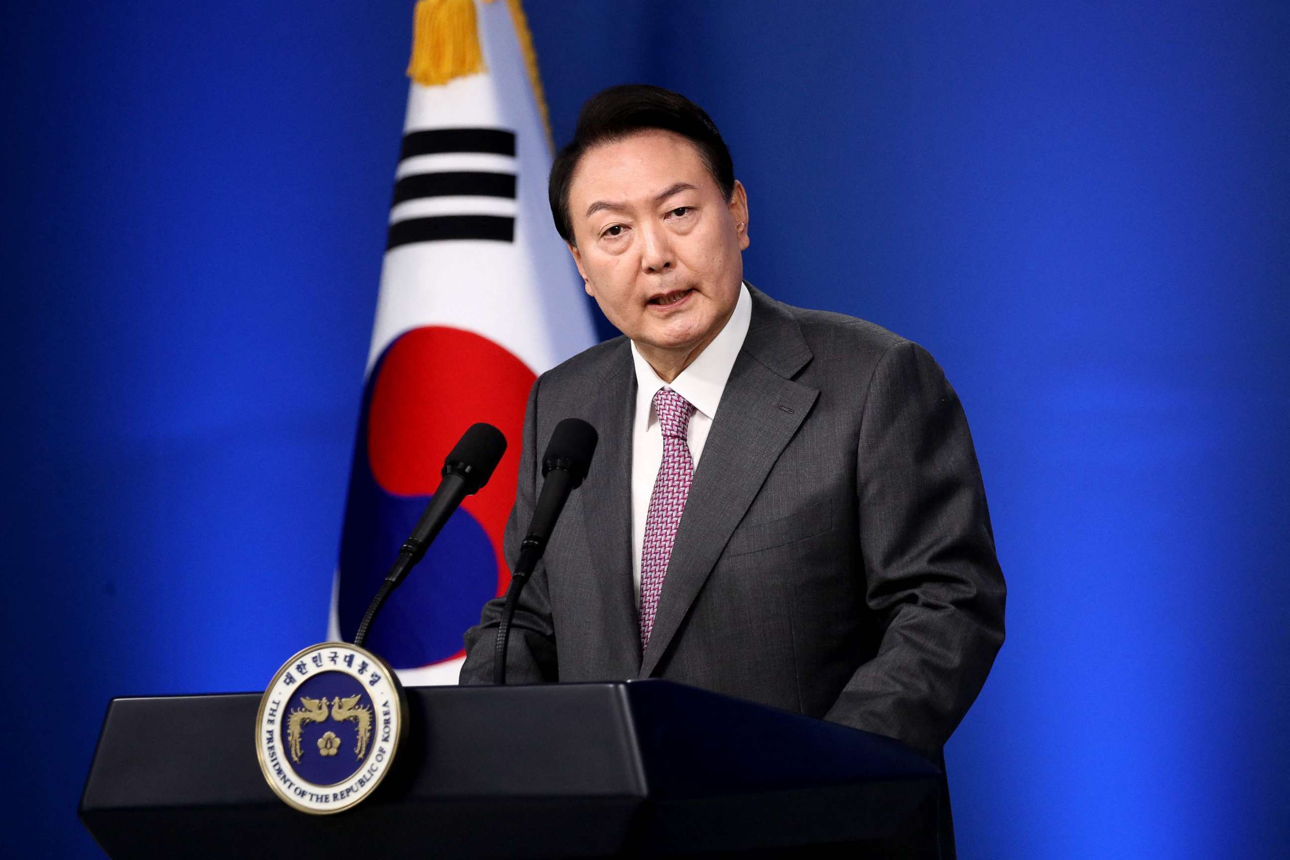 PHOTO: South Korean President Yoon Suk-yeol delivers a speech during his news conference to mark his first 100 days Seoul on Aug. 17, 2022.