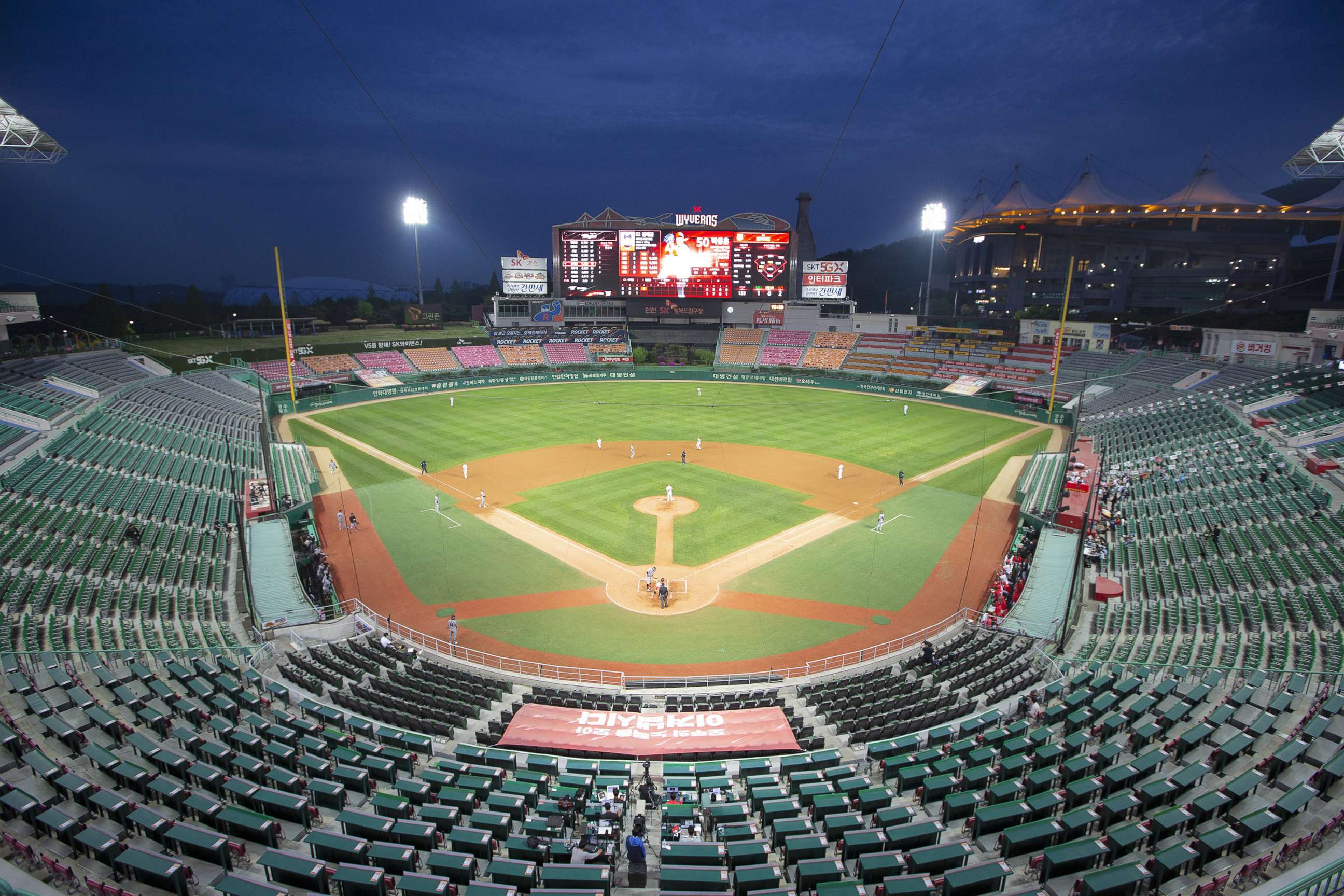 PHOTO: A general view of empty Happy Dream Ballpark during a baseball game between SK Wyverns and Hanwha Eagles without spectators due to the novel coronavirus (COVID-19) pandemic on May 7, 2020 in Incheon, South Korea.