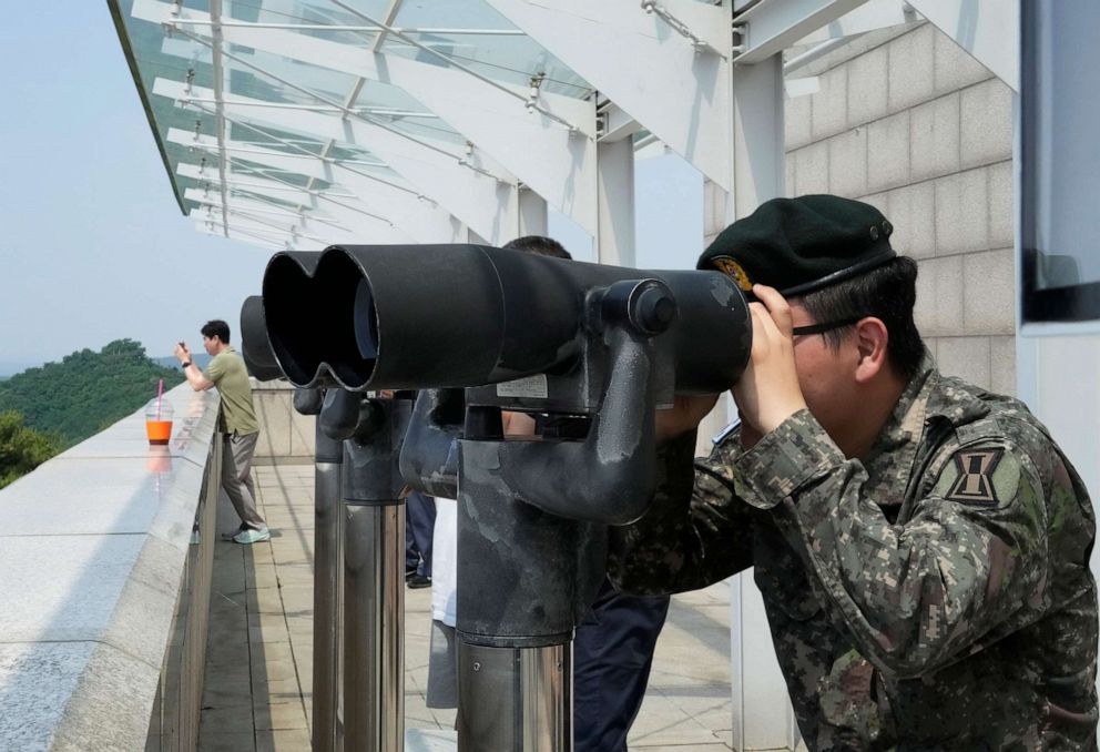 PHOTO: A South Korean army soldier watches the North Korea side from the Unification Observation Post in Paju, South Korea, near the border with North Korea, Wednesday, May 31, 2023.