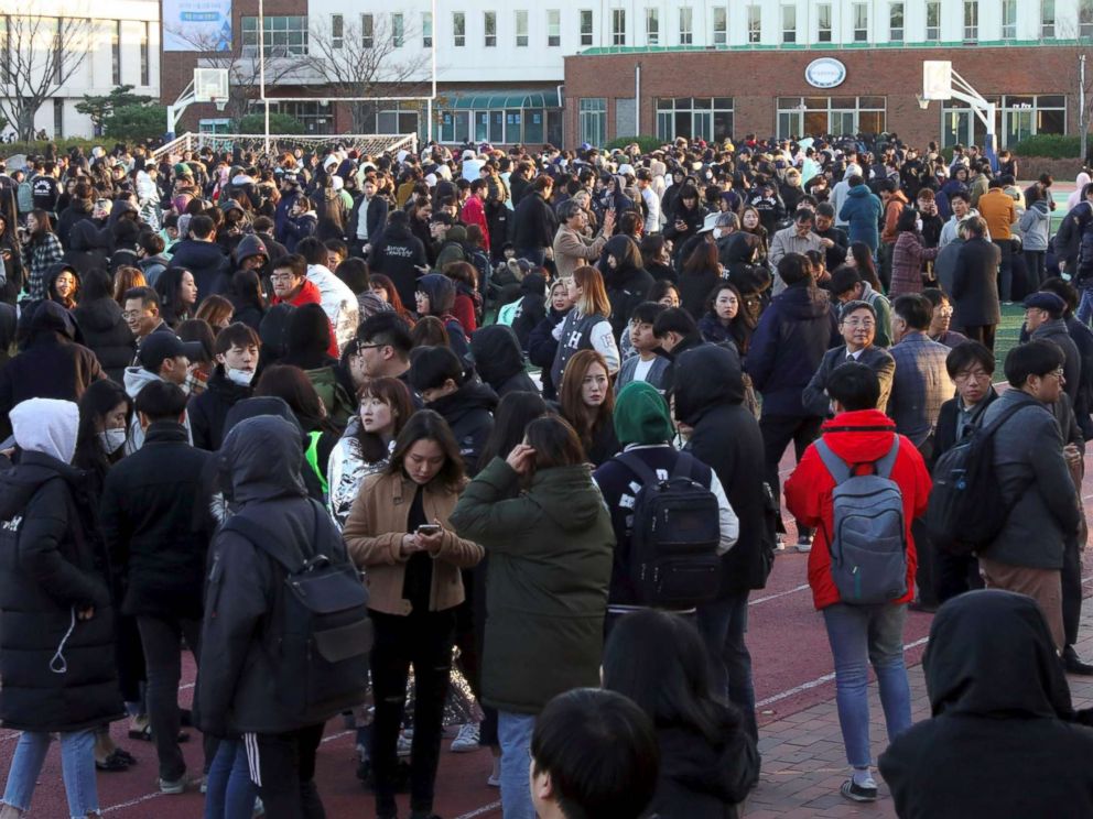 PHOTO: University students stand in an open space to take shelter after a 5.4-magnitude earthquake in the southeastern port city of Pohang, Nov. 15, 2017.