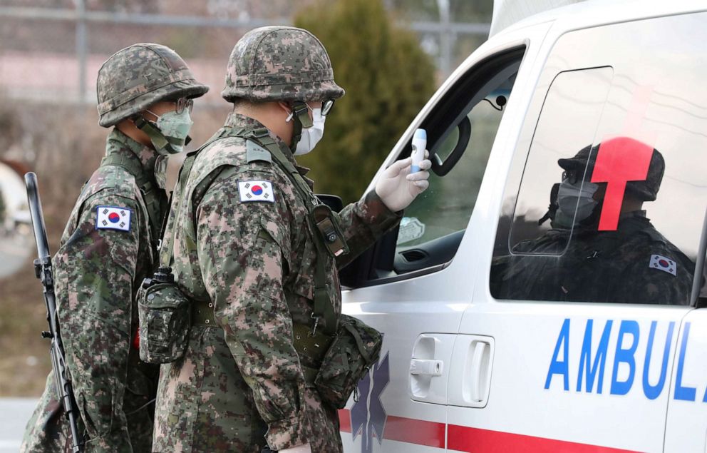 PHOTO: South Korean soldiers wearing masks to prevent contracting the novel coronavirus stand guard at a checkpoint of a military base in Daegu, South Korea, Feb. 26, 2020.