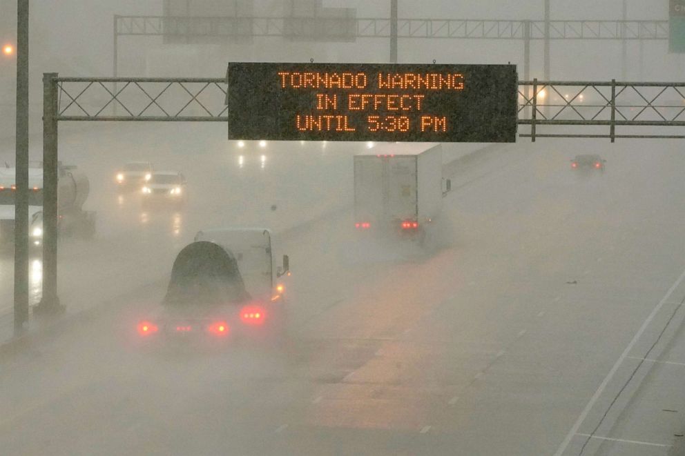 PHOTO: The Mississippi Department of Transportation digital message board warns drivers along I-55 of a tornado warning during the outbreak of severe weather in the state, March 30, 2022.